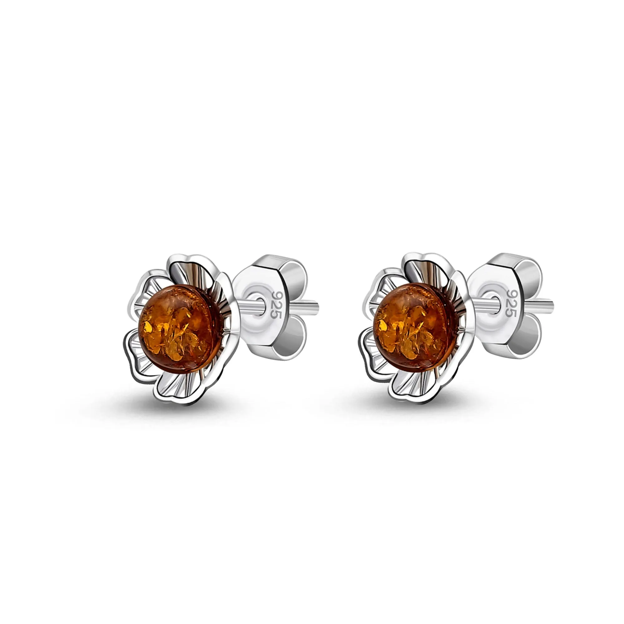 Sterling Silver Amber Flower Stud Earrings