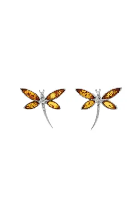 Sterling Silver Large Amber CZ Dragonfly Stud Earrings