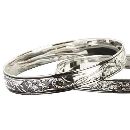 Sterling Silver Scroll Plumeria Engraving Hawaiian Heirloom Bangle Black Border