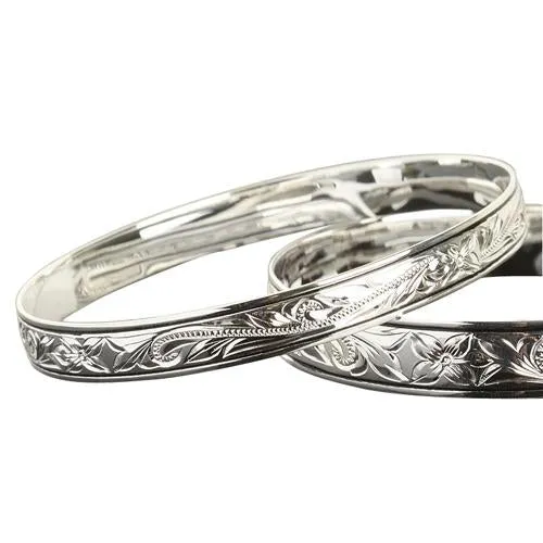 Sterling Silver Scroll Plumeria Engraving Hawaiian Heirloom Bangle Black Border