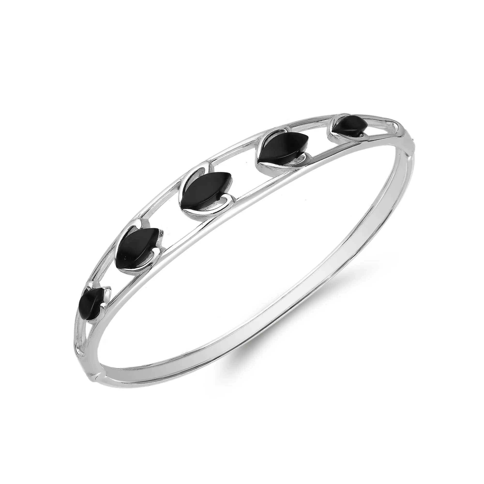 Sterling Silver Whitby Jet Lotus Flower Bangle