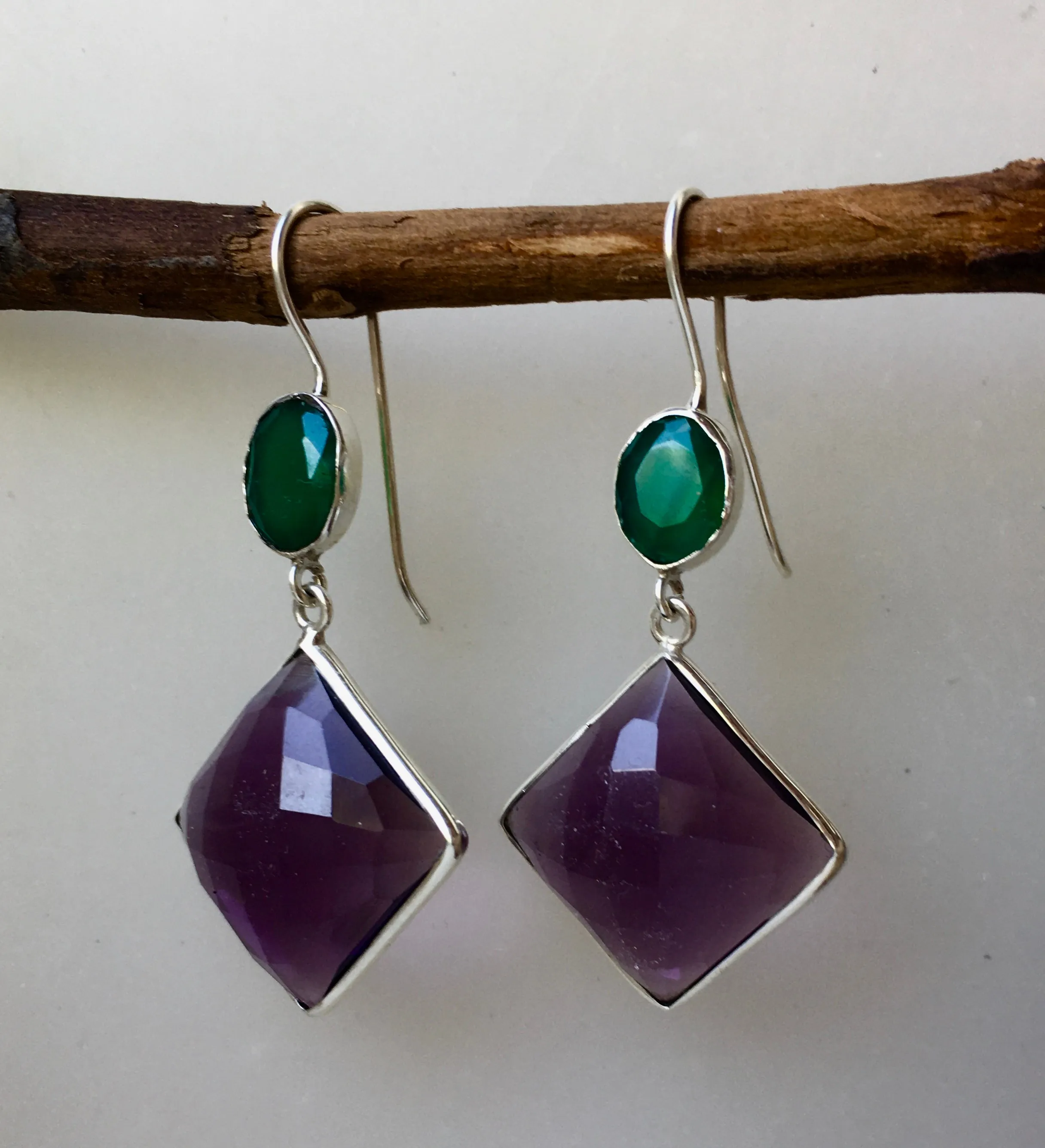 'Sunset in Samoa' Rich Sparkling Amethyst & emerald green Onyx '925' Silver double drop cocktail earrings - lightly faceted gemstones