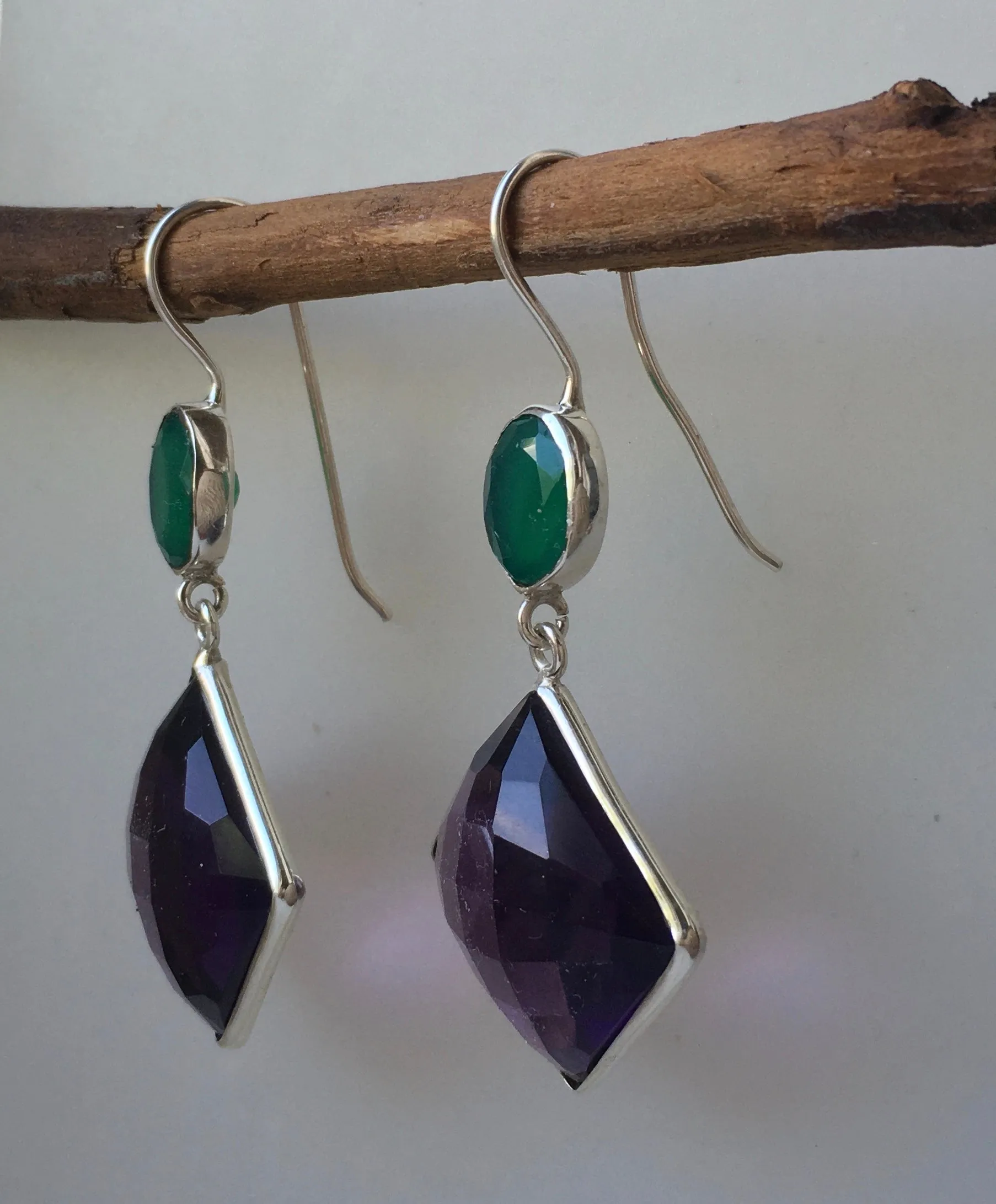 'Sunset in Samoa' Rich Sparkling Amethyst & emerald green Onyx '925' Silver double drop cocktail earrings - lightly faceted gemstones