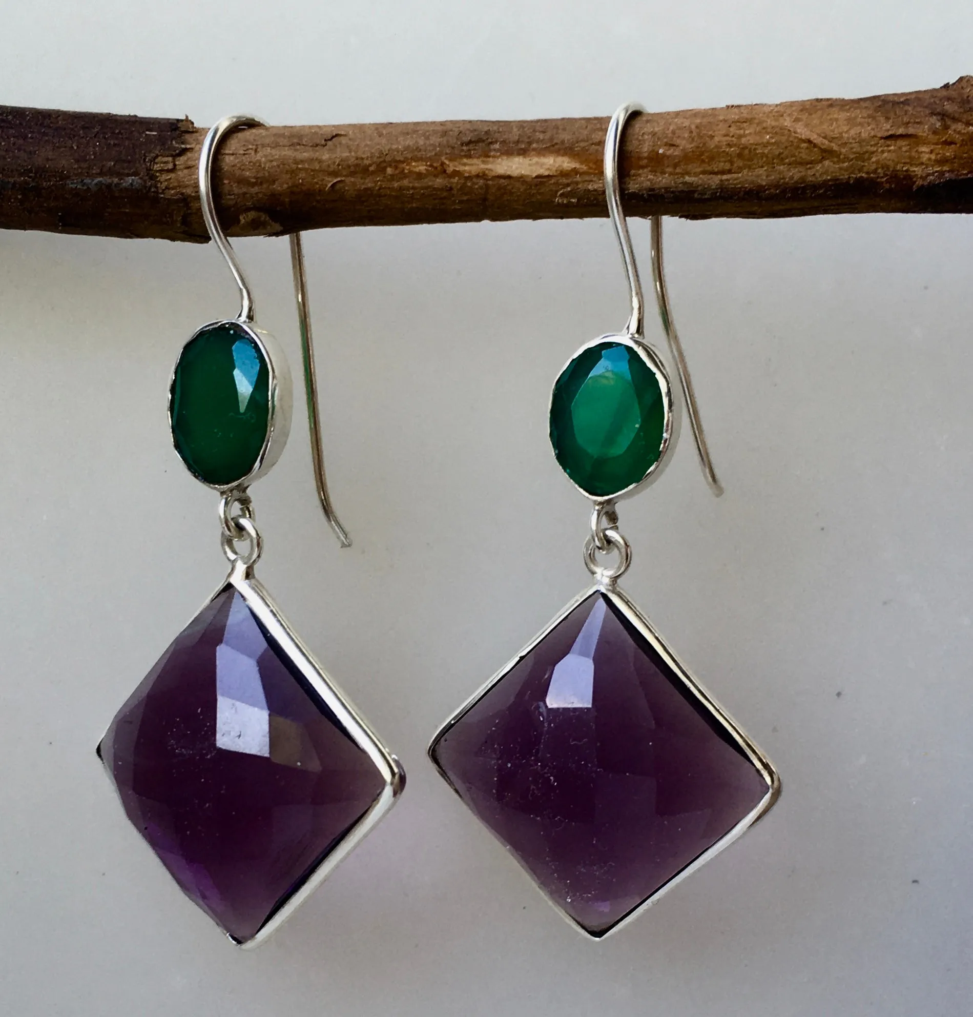 'Sunset in Samoa' Rich Sparkling Amethyst & emerald green Onyx '925' Silver double drop cocktail earrings - lightly faceted gemstones