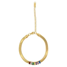 Tarnish Resistant 14k Gold Plated Herringbone Chain Bracelet with Multicolor Crystal