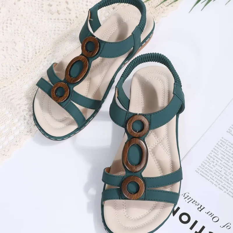 Teal Ladies Bohemian Design Ankle Fasten Sandals with Wooden Ring