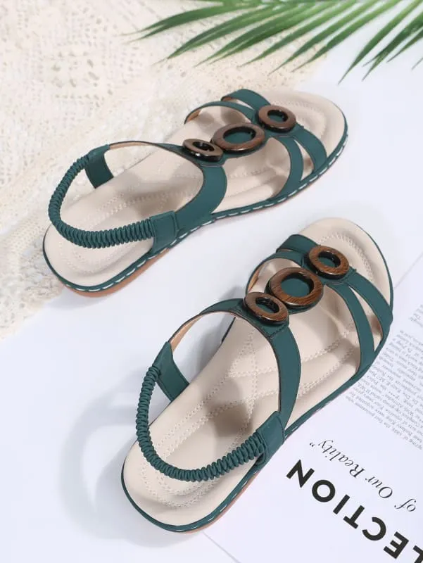 Teal Ladies Bohemian Design Ankle Fasten Sandals with Wooden Ring