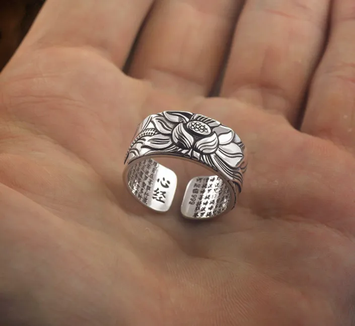 Thai Silver Black Lotus Ring inspired by the Heart Sutra