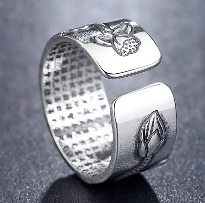 Thai Silver Black Lotus Ring inspired by the Heart Sutra