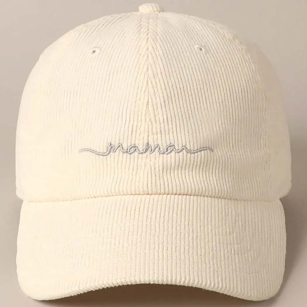 The Mama Embroidered Corduroy Baseball Cap - Off White