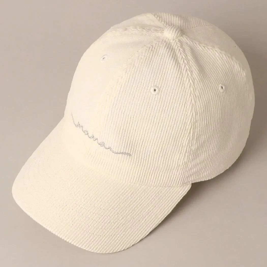 The Mama Embroidered Corduroy Baseball Cap - Off White