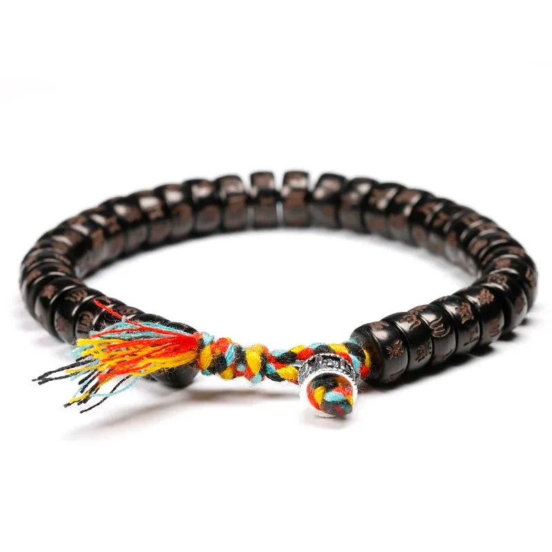 Tibetan buddhist Hand Braided Cotton thread Bracelet Women Men Natural Coconut shell beads Carved OM Mani Padme Hum Jewelry