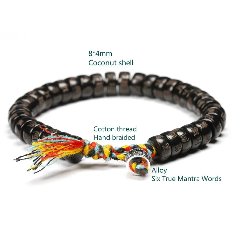 Tibetan buddhist Hand Braided Cotton thread Bracelet Women Men Natural Coconut shell beads Carved OM Mani Padme Hum Jewelry