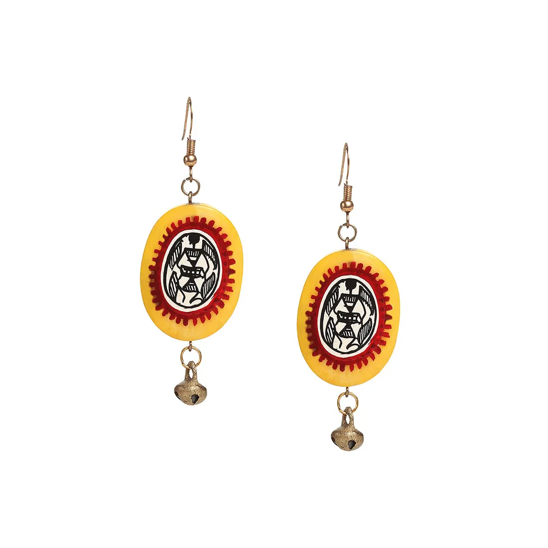 'Tribal Warli Ovates' Bohemian Resin Earrings Hand-painted In Warli Art (Amber Yellow & Red)