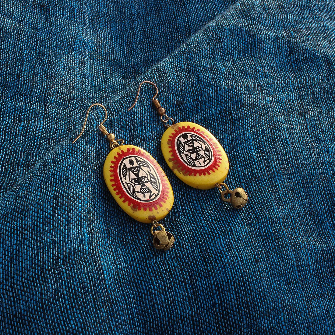 'Tribal Warli Ovates' Bohemian Resin Earrings Hand-painted In Warli Art (Amber Yellow & Red)