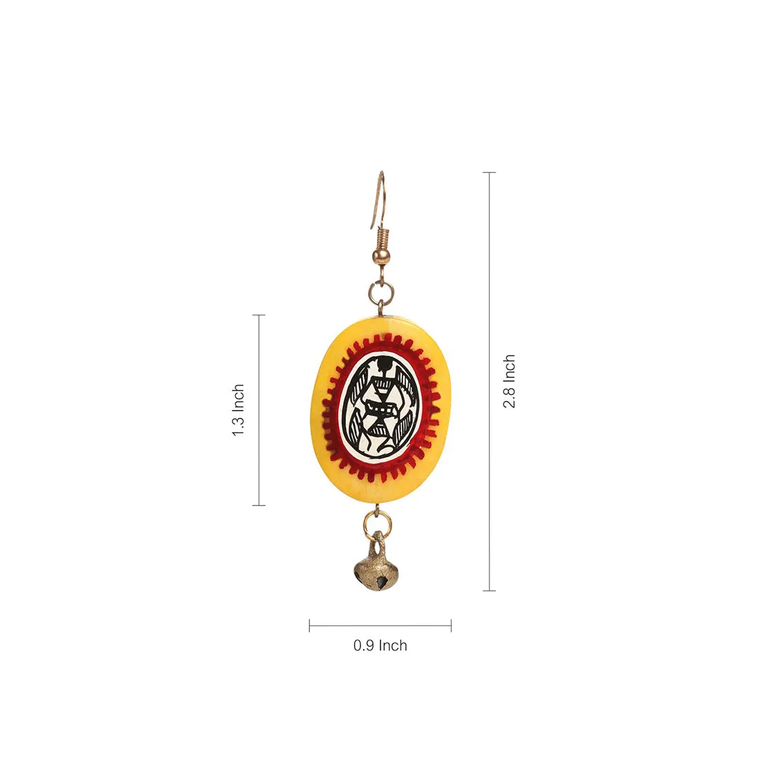 'Tribal Warli Ovates' Bohemian Resin Earrings Hand-painted In Warli Art (Amber Yellow & Red)