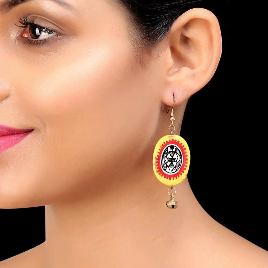 'Tribal Warli Ovates' Bohemian Resin Earrings Hand-painted In Warli Art (Amber Yellow & Red)