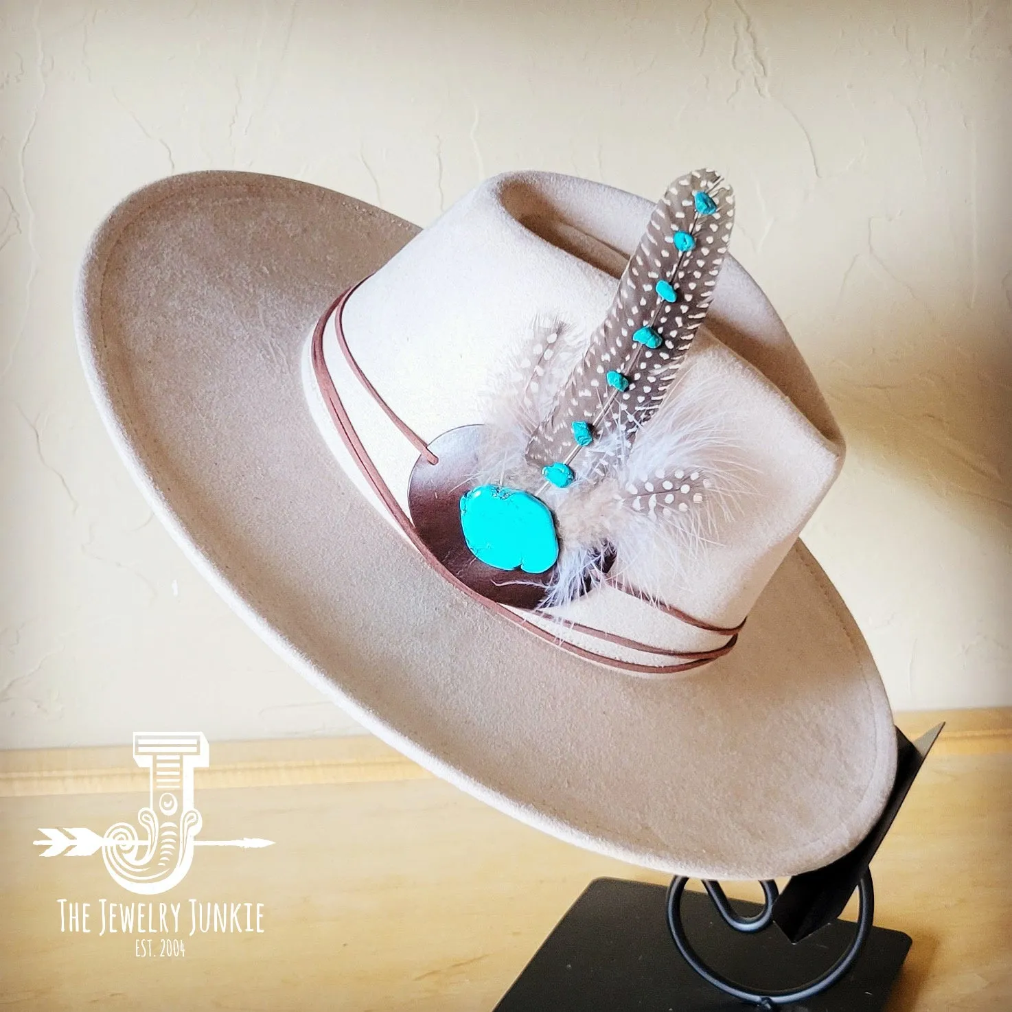 Turquoise Accent Guinea Feather & Leather Hat Band Only 952e