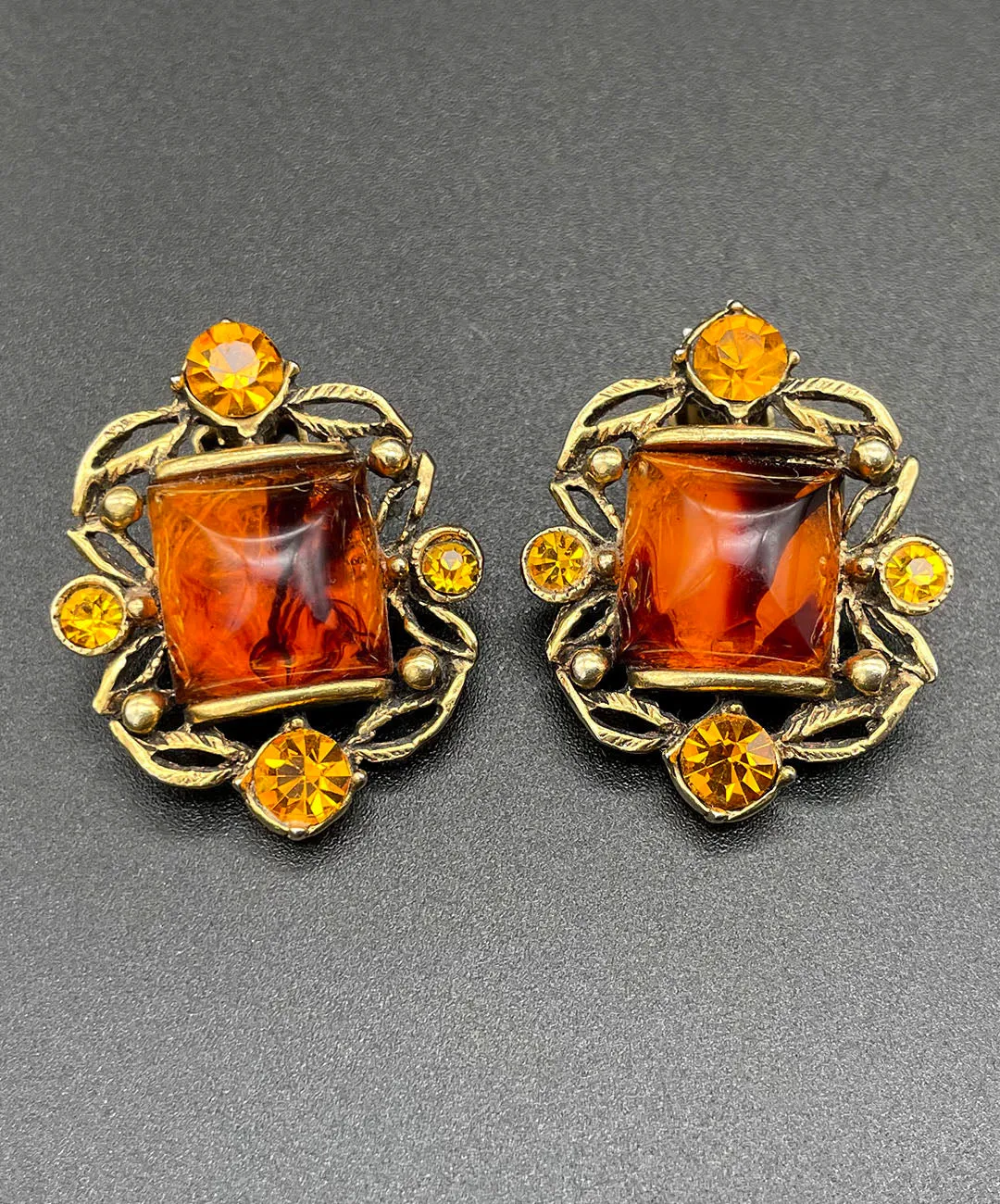 【USA輸入】ヴィンテージ SELRO アンバー トパーズ ビジュー イヤリング/Vintage SELRO Amber Topaz Bijou Clip On Earrings