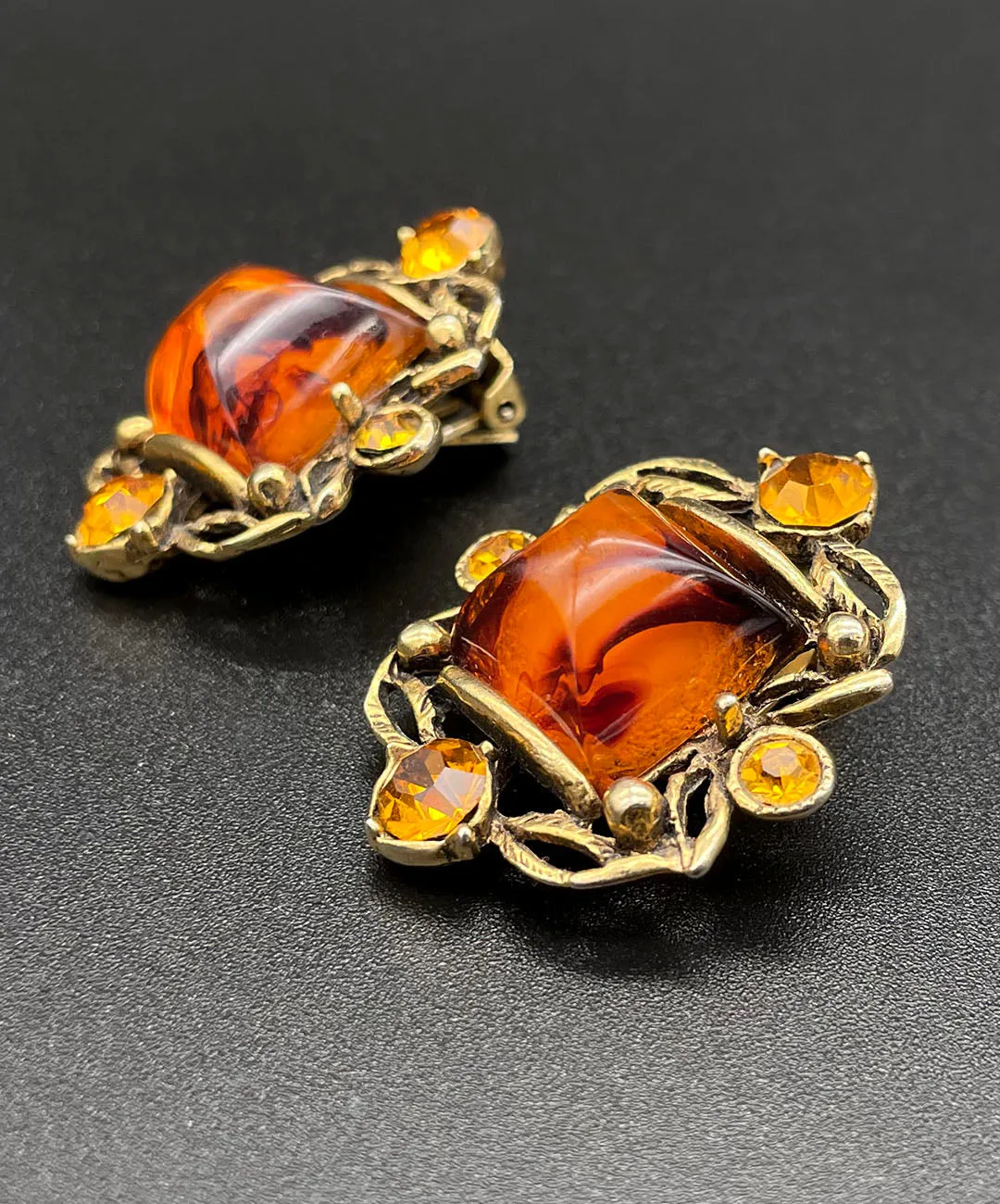 【USA輸入】ヴィンテージ SELRO アンバー トパーズ ビジュー イヤリング/Vintage SELRO Amber Topaz Bijou Clip On Earrings