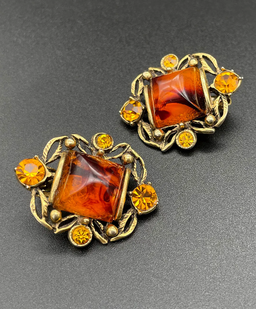 【USA輸入】ヴィンテージ SELRO アンバー トパーズ ビジュー イヤリング/Vintage SELRO Amber Topaz Bijou Clip On Earrings