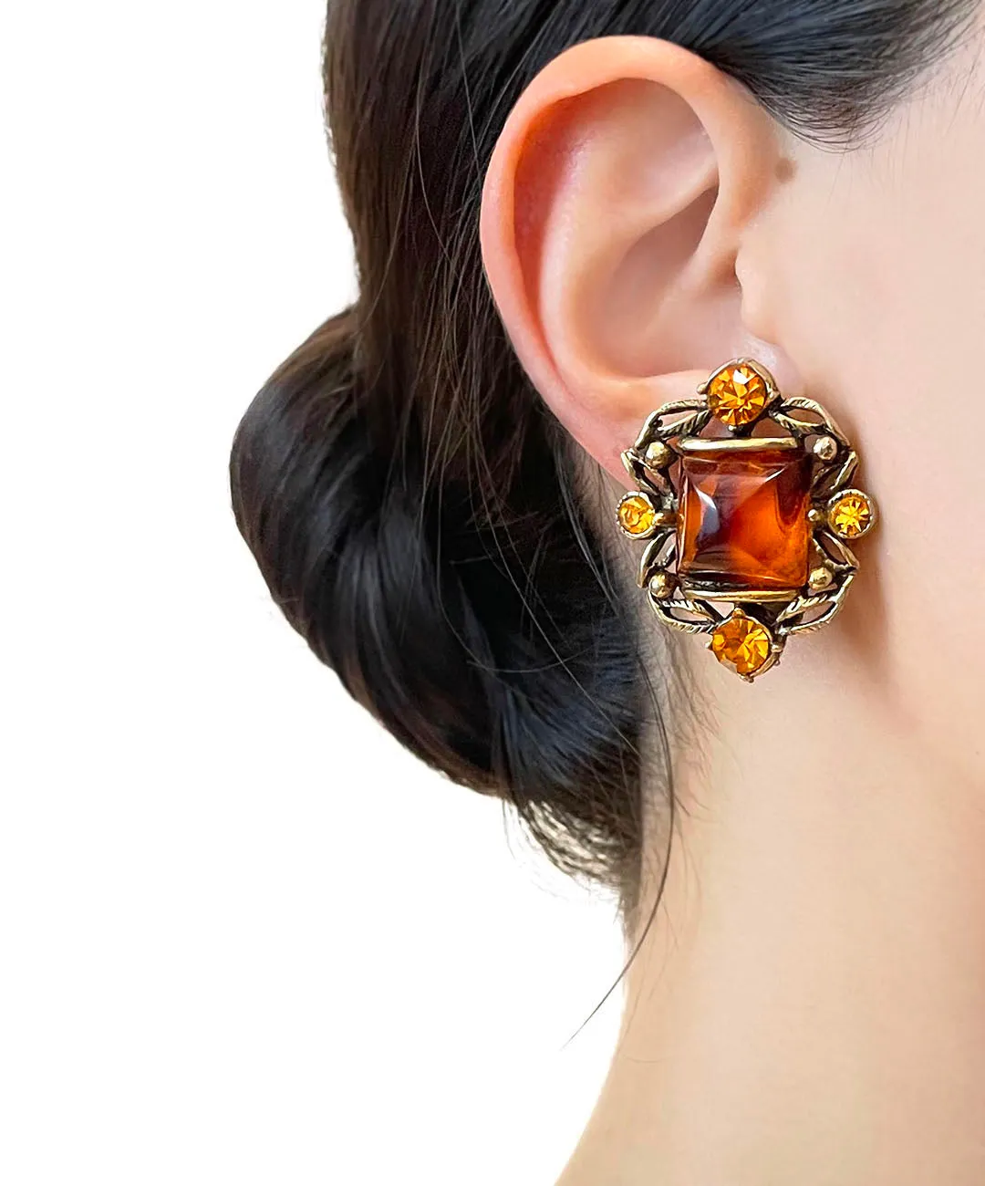 【USA輸入】ヴィンテージ SELRO アンバー トパーズ ビジュー イヤリング/Vintage SELRO Amber Topaz Bijou Clip On Earrings