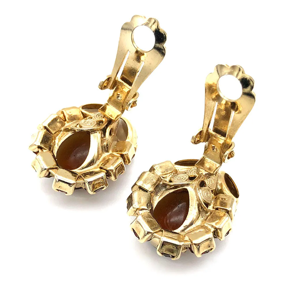 【USA輸入】ヴィンテージ アンバー カボション ラインストーン イヤリング/Vintage Amber Cabochon Rhinestones Clip On Earrings