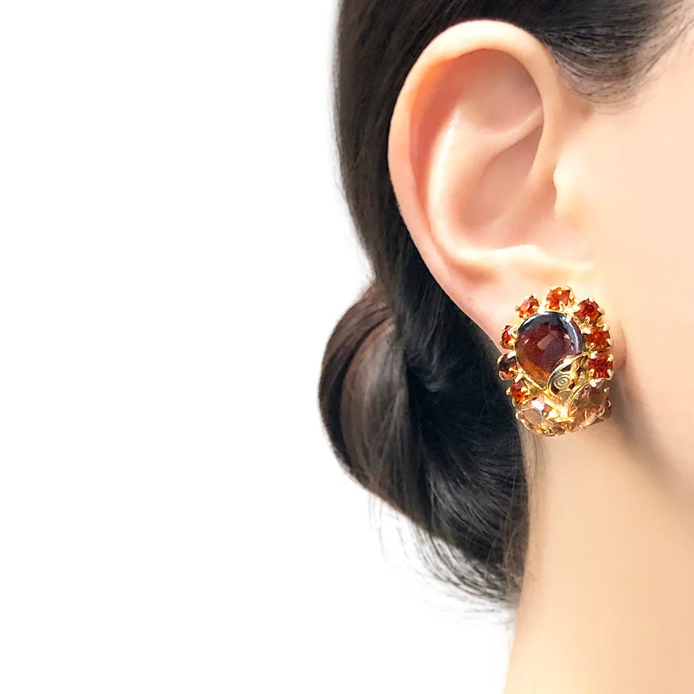 【USA輸入】ヴィンテージ アンバー カボション ラインストーン イヤリング/Vintage Amber Cabochon Rhinestones Clip On Earrings