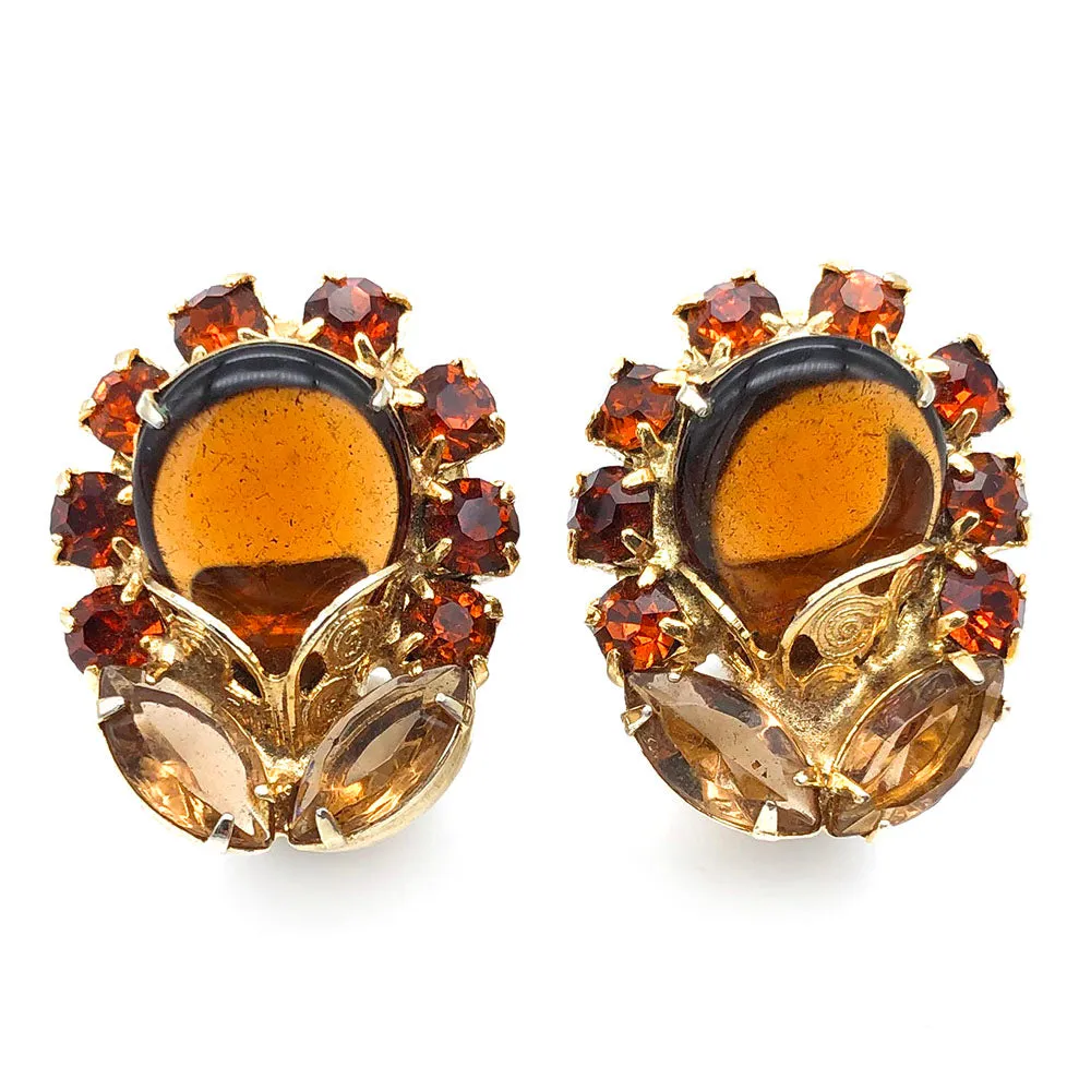 【USA輸入】ヴィンテージ アンバー カボション ラインストーン イヤリング/Vintage Amber Cabochon Rhinestones Clip On Earrings