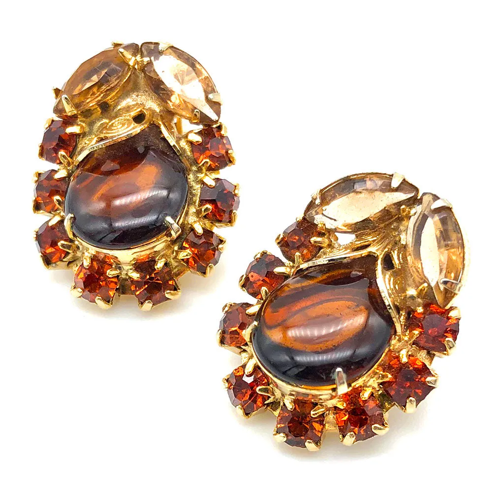 【USA輸入】ヴィンテージ アンバー カボション ラインストーン イヤリング/Vintage Amber Cabochon Rhinestones Clip On Earrings