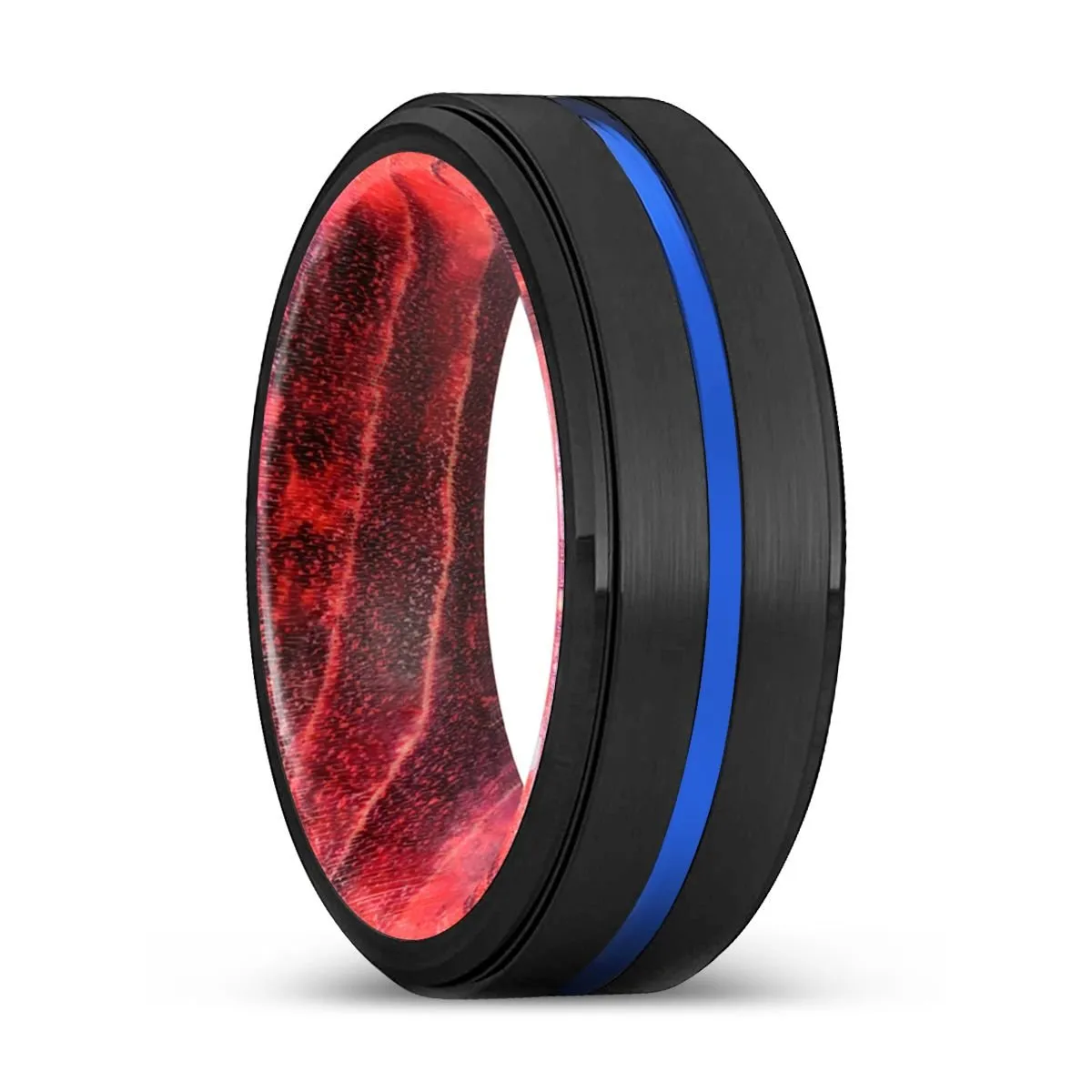 VERTEX | Black & Red Wood, Black Tungsten Ring, Blue Groove, Stepped Edge