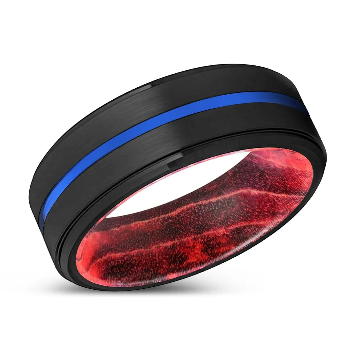 VERTEX | Black & Red Wood, Black Tungsten Ring, Blue Groove, Stepped Edge