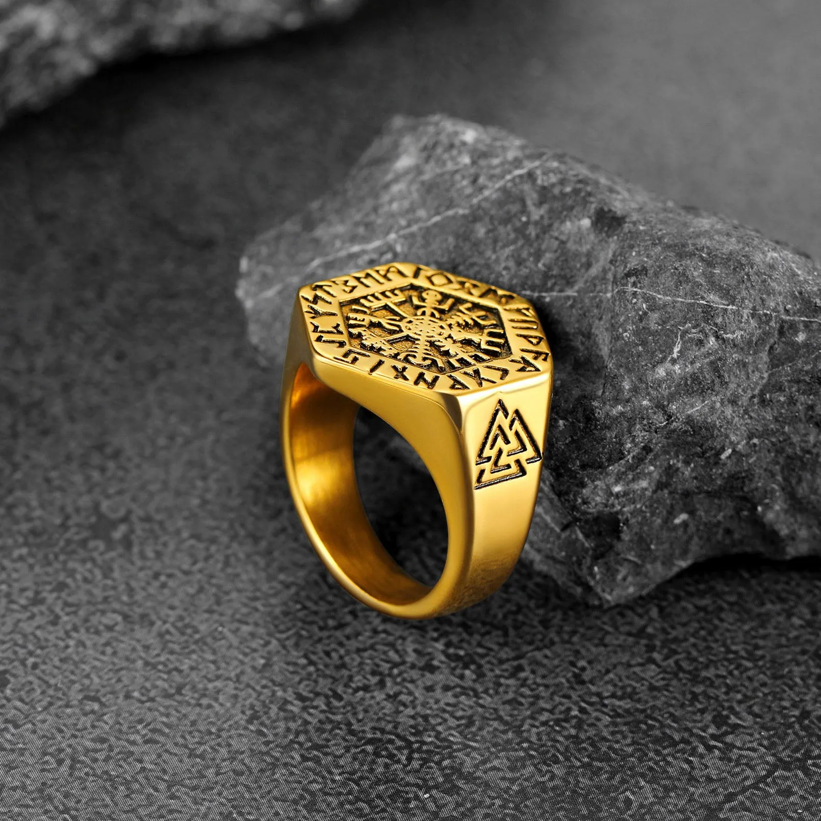 Viking Hexagon Compass Ring With Runes For Men