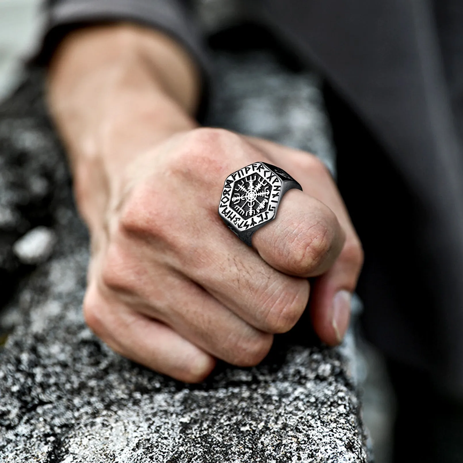 Viking Hexagon Compass Ring With Runes For Men