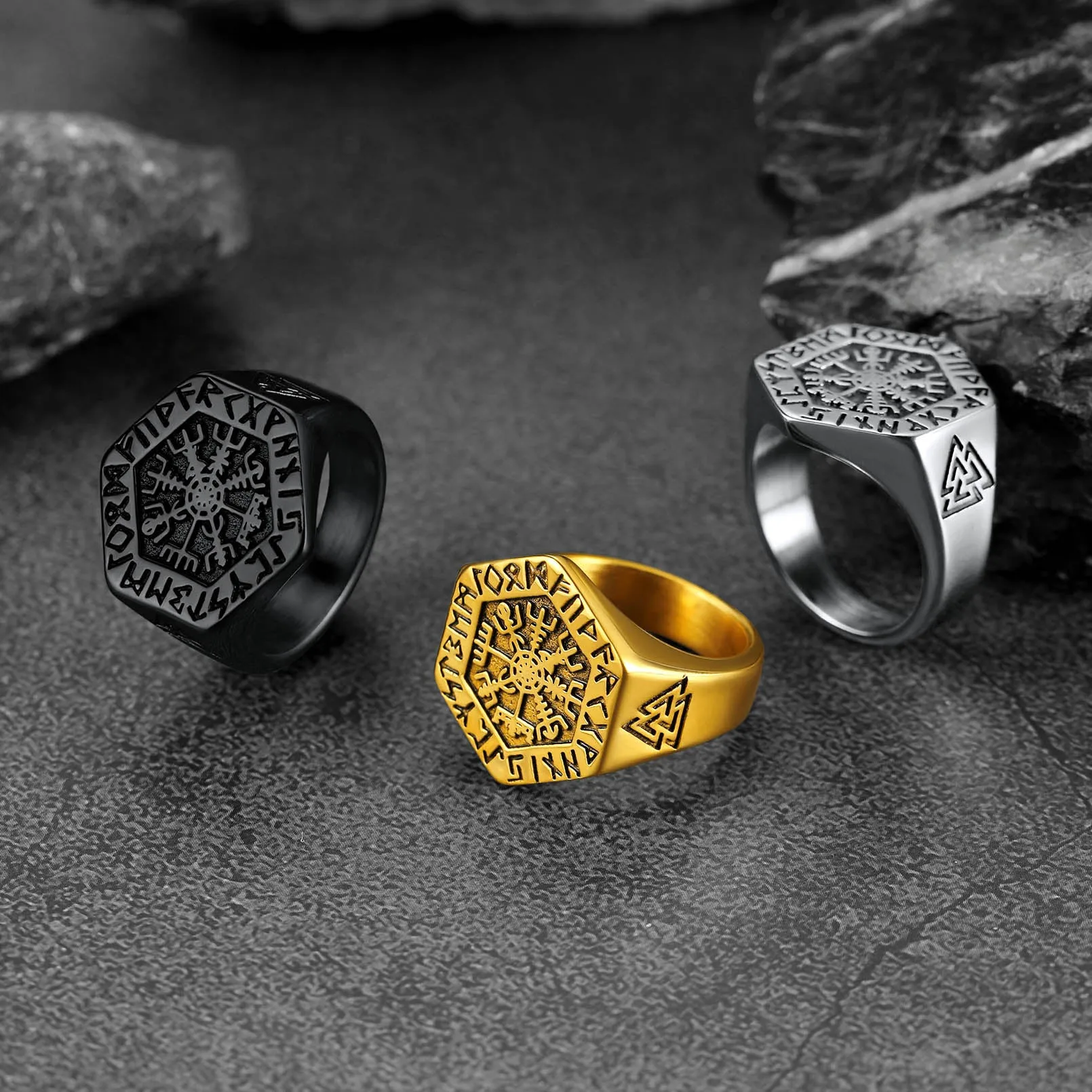 Viking Hexagon Compass Ring With Runes For Men