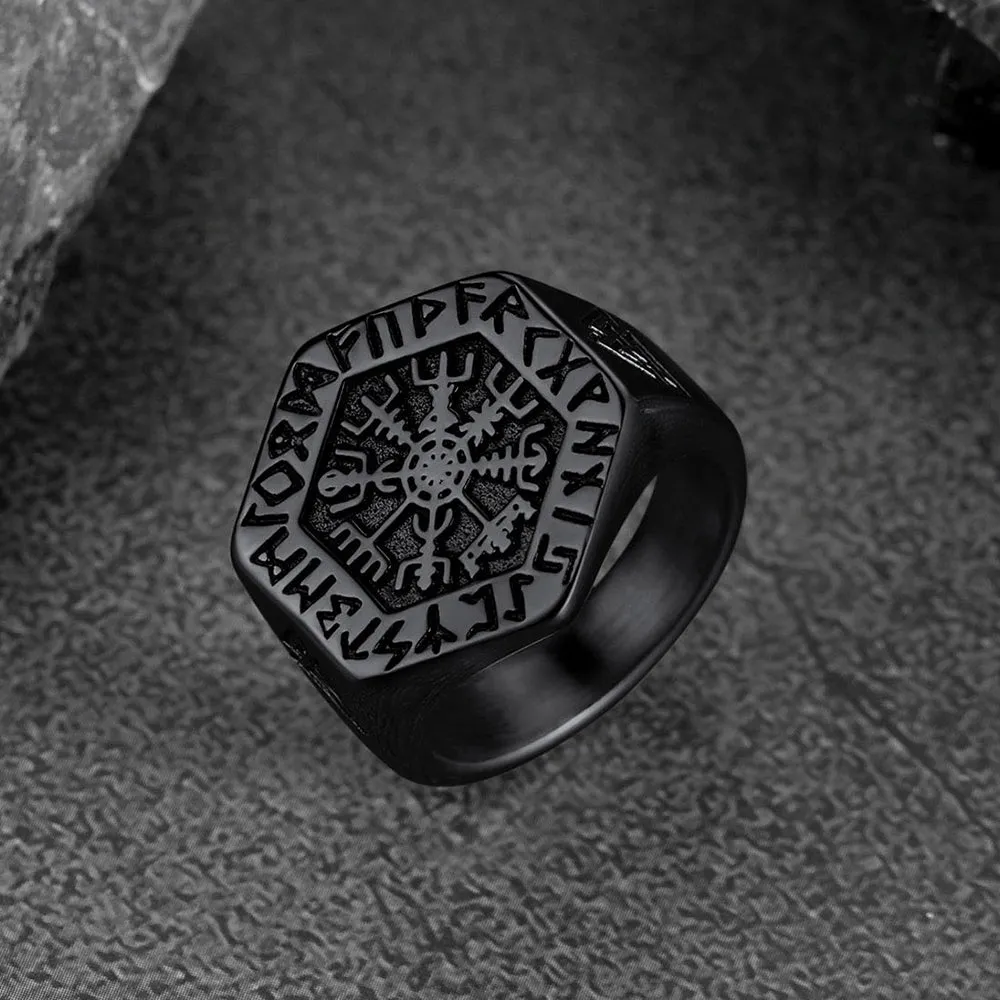 Viking Hexagon Compass Ring With Runes For Men