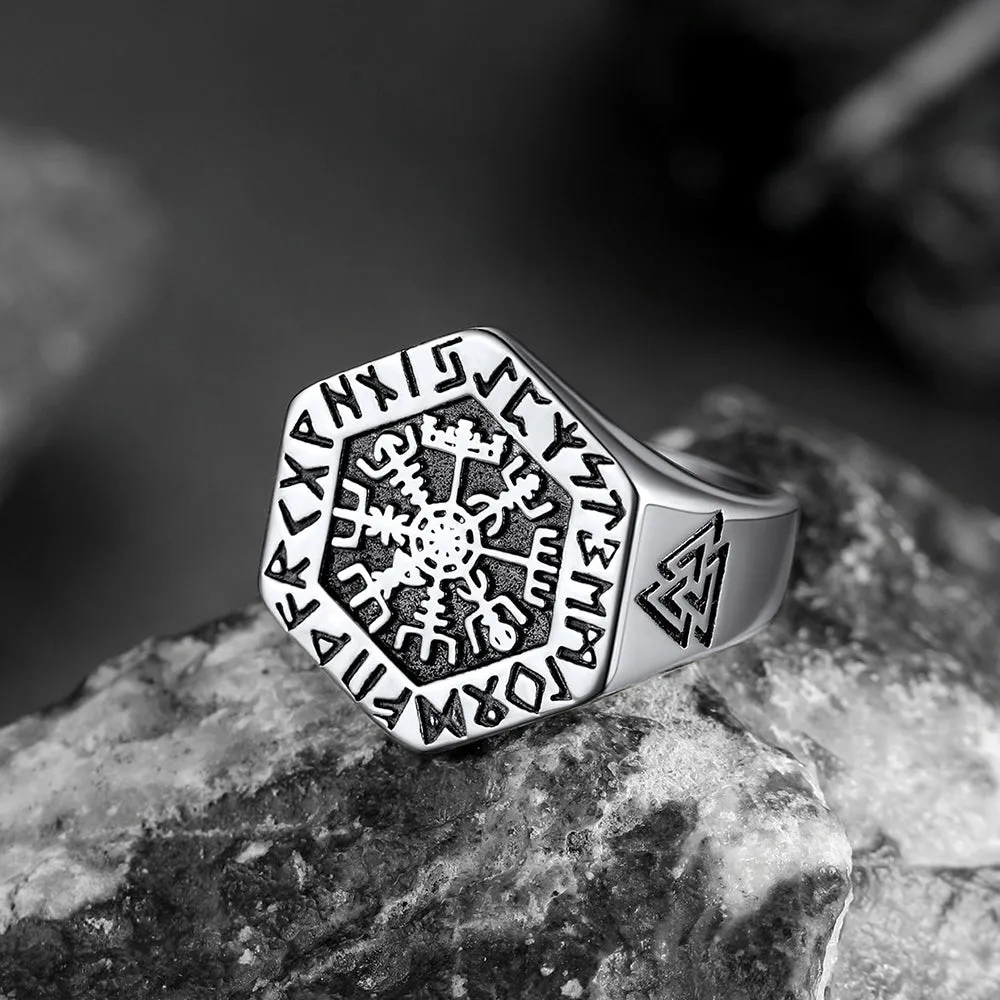 Viking Hexagon Compass Ring With Runes For Men