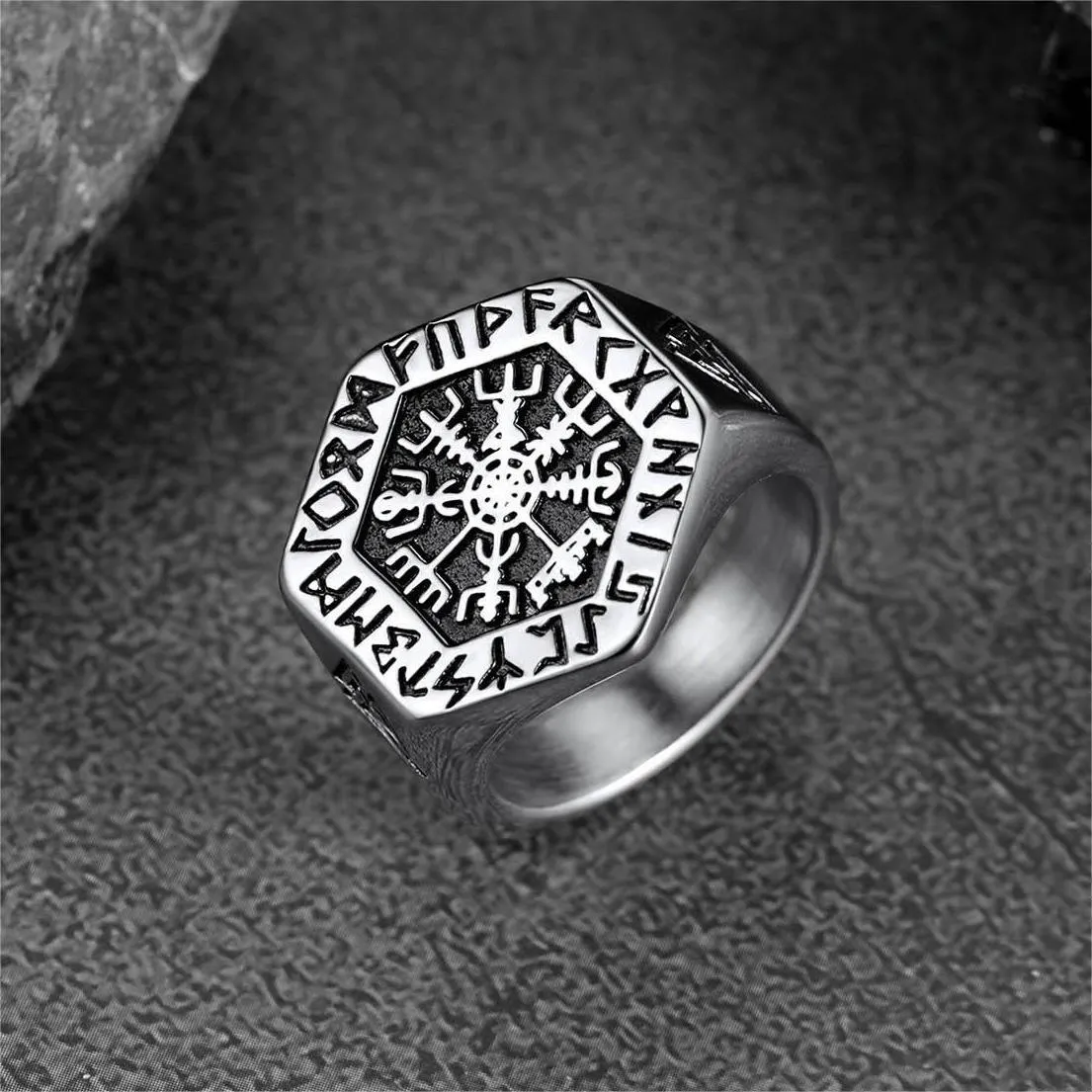 Viking Hexagon Compass Ring With Runes For Men