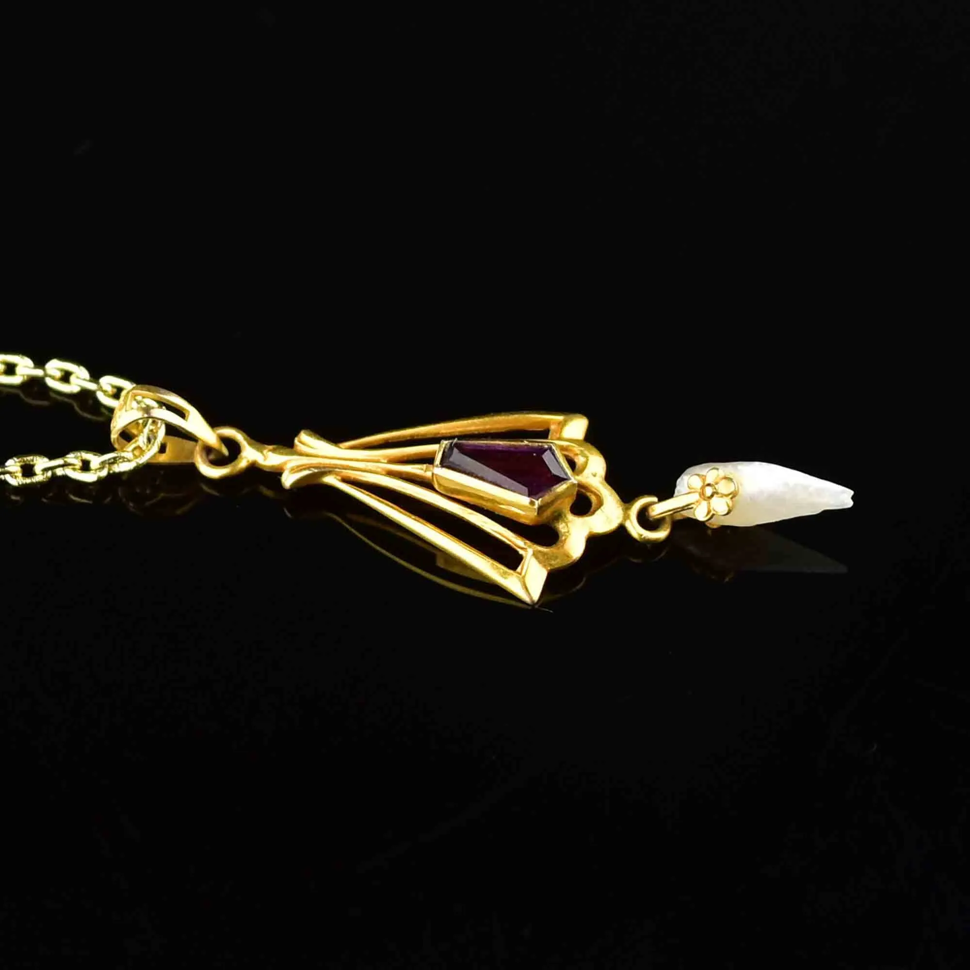 Vintage 10K Gold Amethyst Pearl Lavaliere Necklace