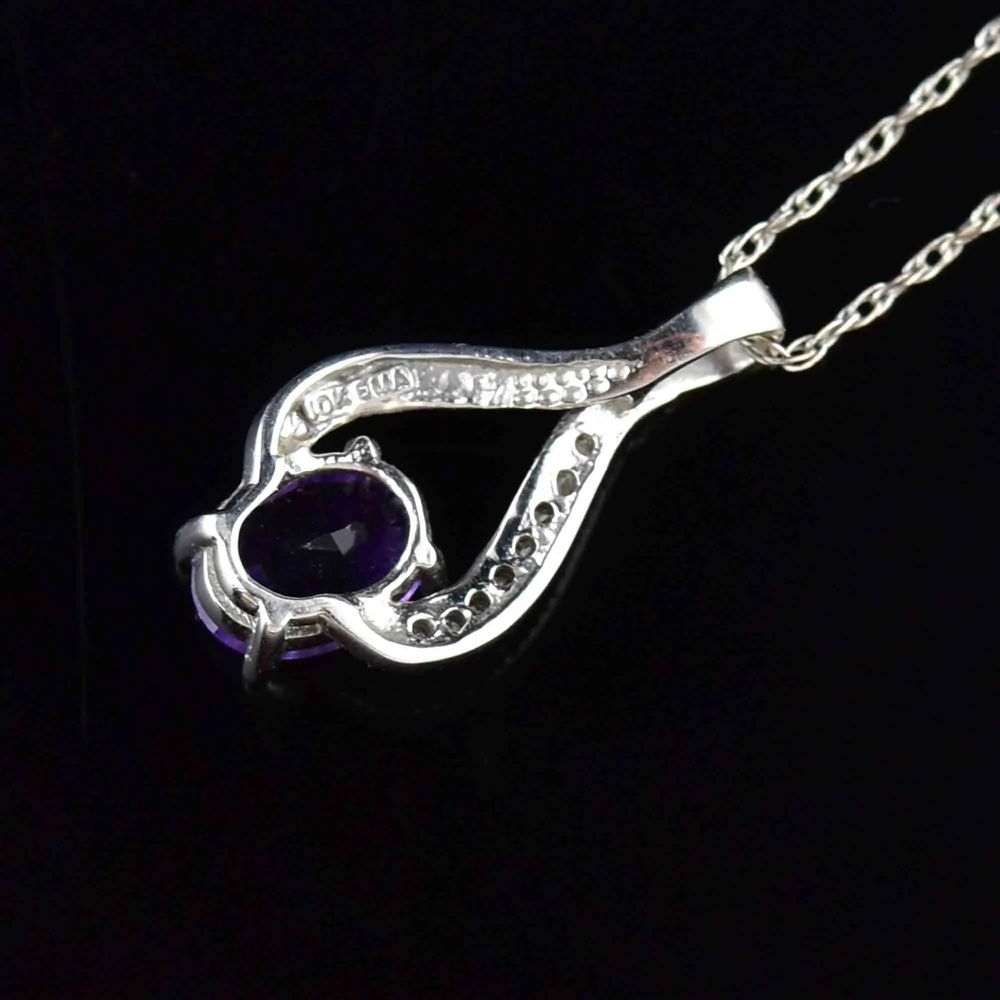 Vintage 10K White Gold Amethyst Diamond Pendant Necklace