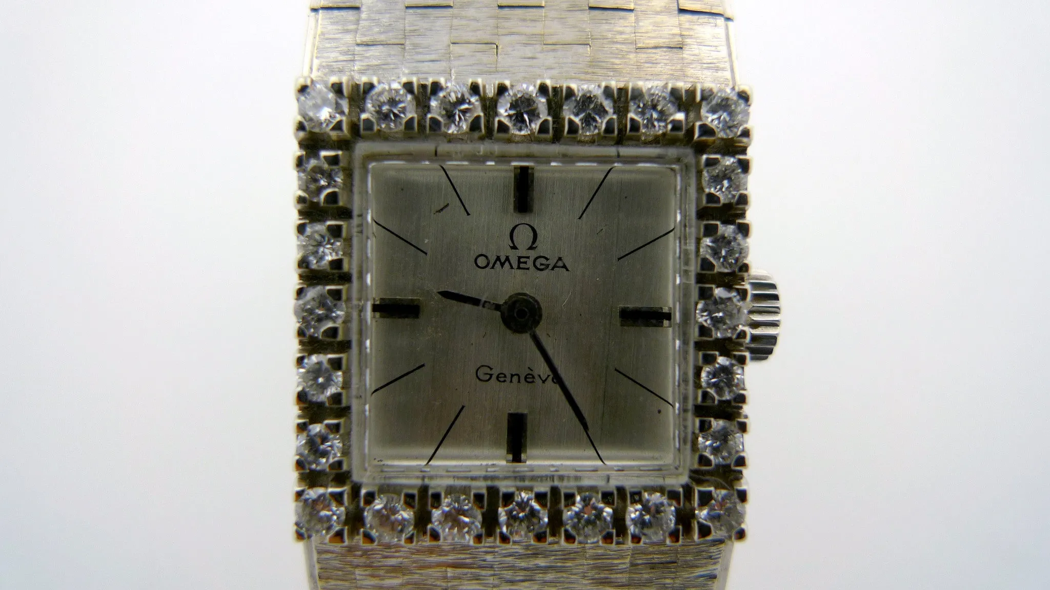 Vintage 18 Karat White Gold Omega Geneve Ladies Diamond Watch