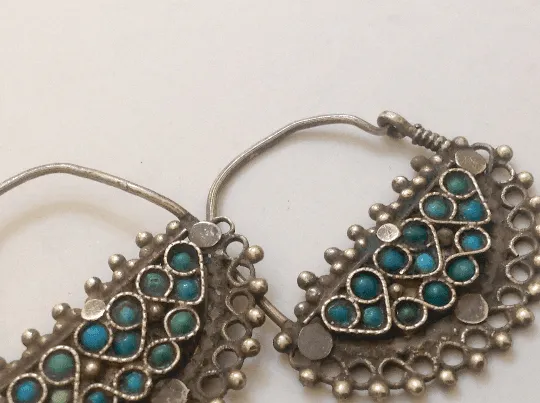 Vintage Afghani Earrings Uzbek Style Silver and Turquoise