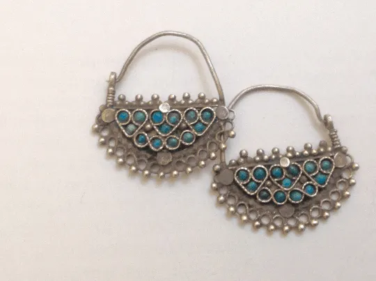 Vintage Afghani Earrings Uzbek Style Silver and Turquoise