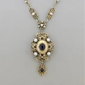 Vintage Antique-Style Amethyst Pearl Gold Drop Necklace