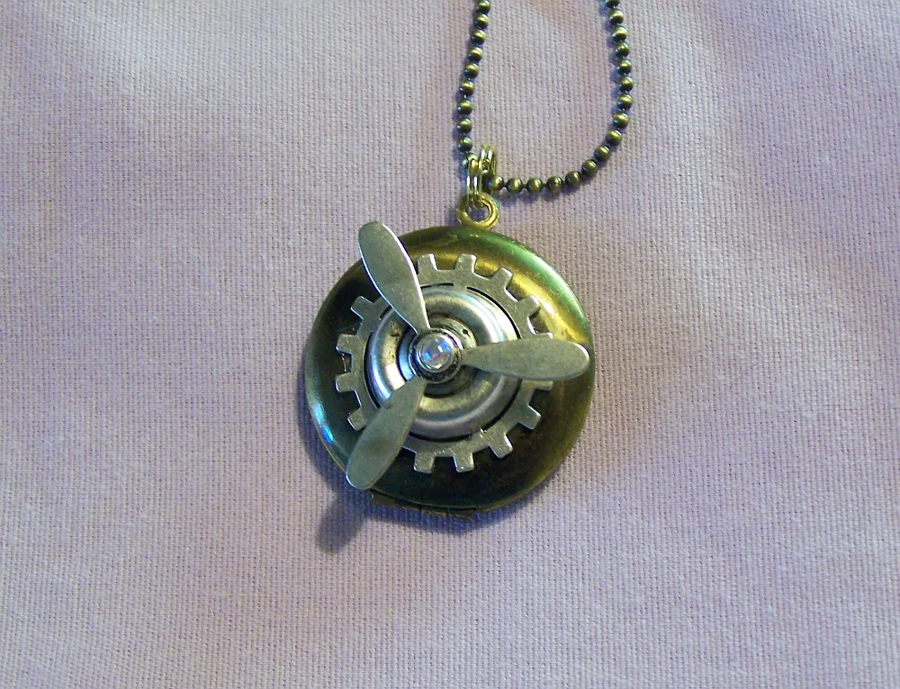 Vintage Brass Propeller Steampunk Locket  Necklace