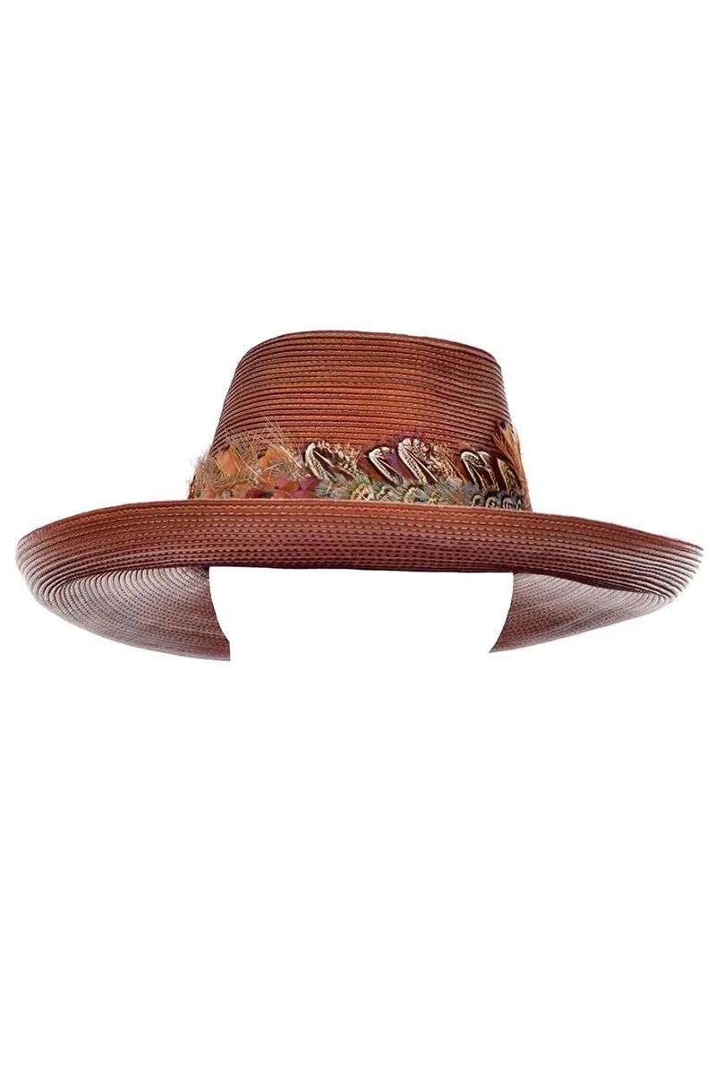 Vintage Patricia Underwood Brown Leather Hat with Feather Trim