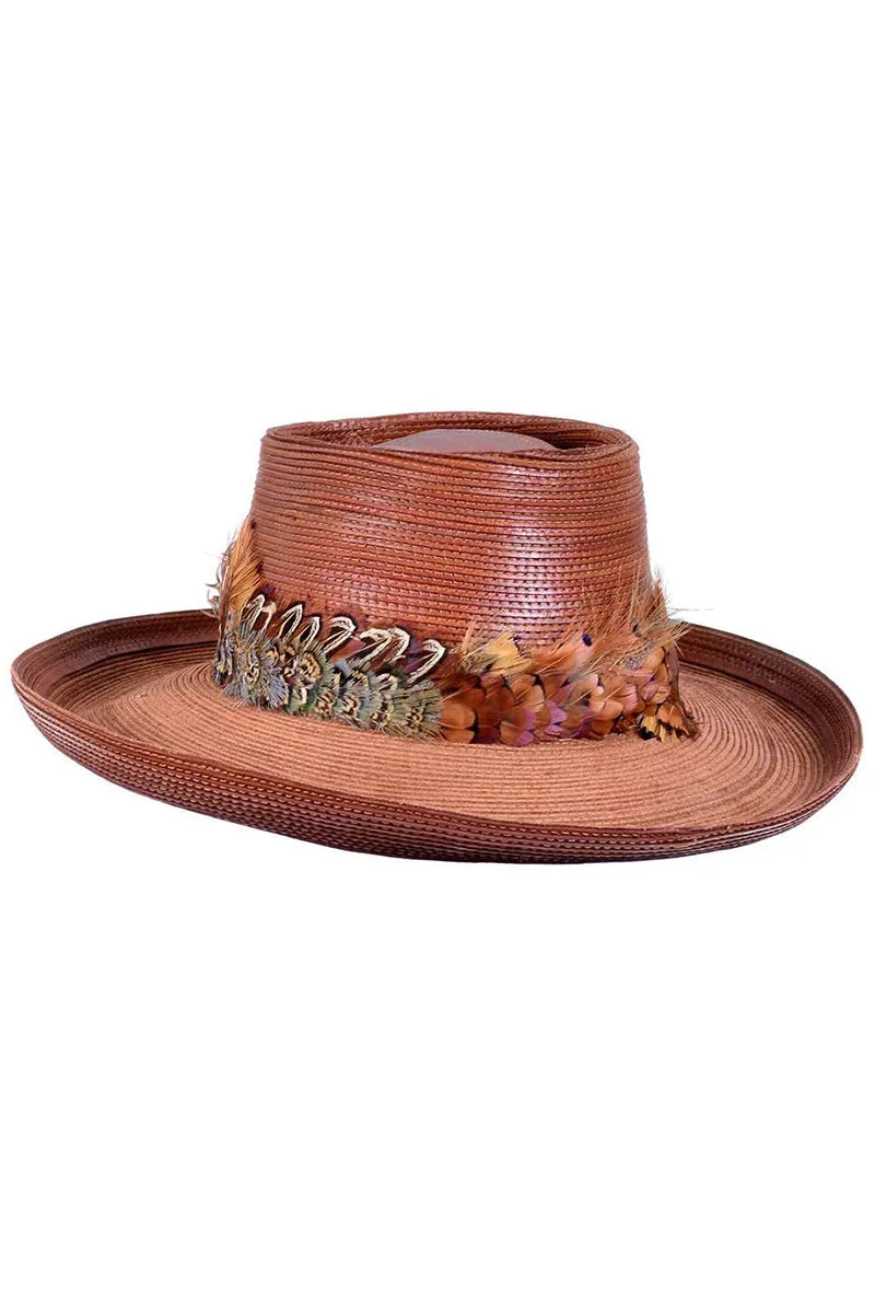 Vintage Patricia Underwood Brown Leather Hat with Feather Trim