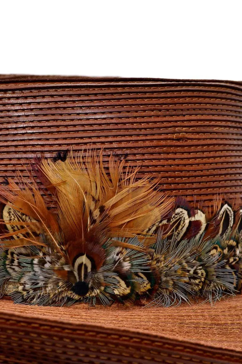 Vintage Patricia Underwood Brown Leather Hat with Feather Trim