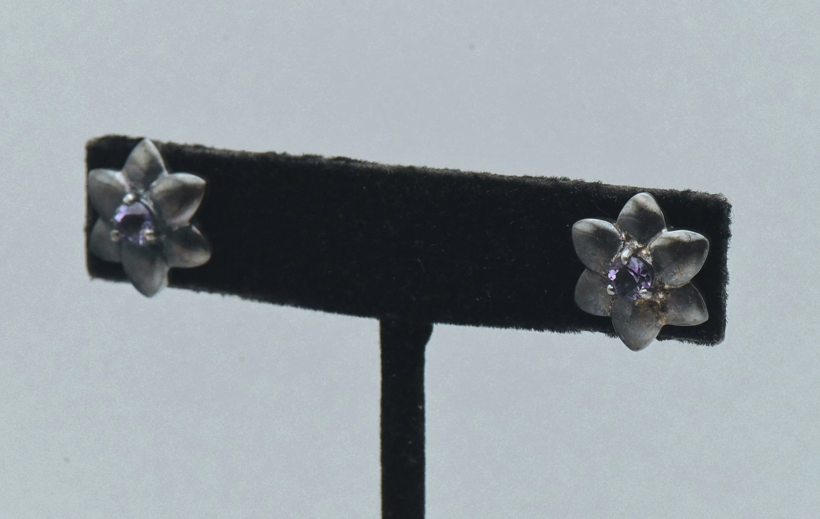 Vintage Sterling Silver and Amethyst Flower Stud Earrings