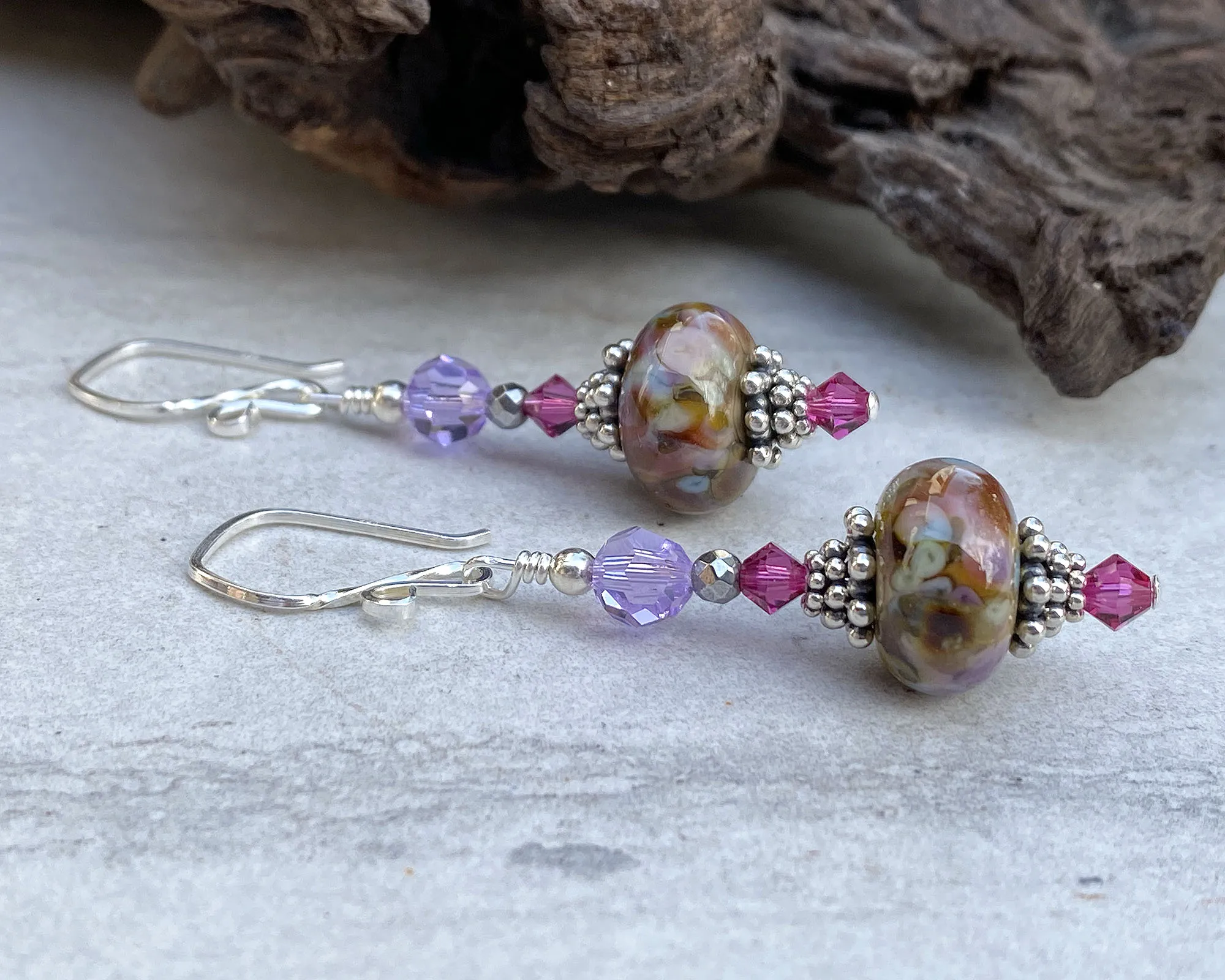 Violet Pink Mosaic Lampwork Earrings